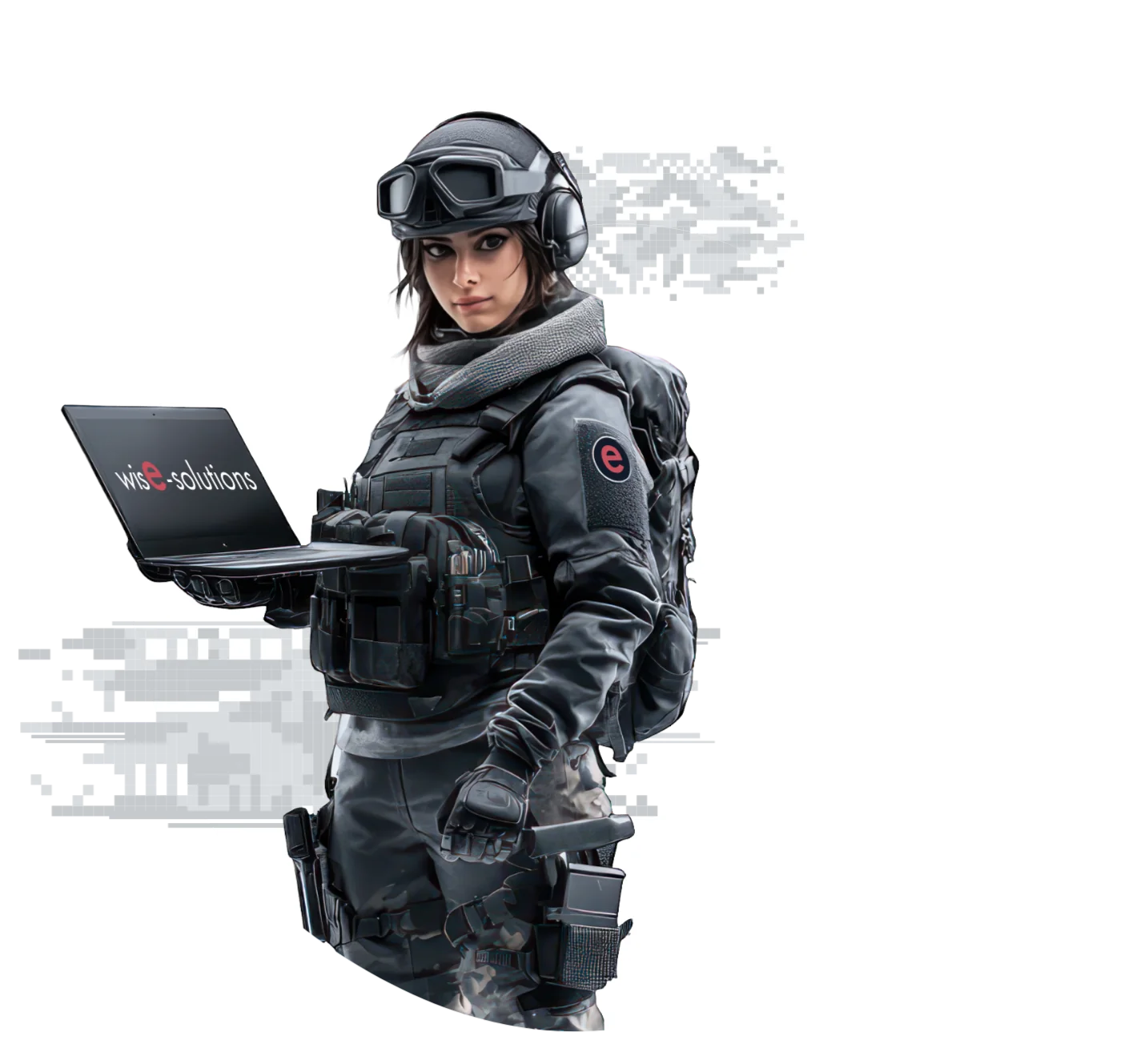 Ingeniera de ciberseguridad de Wise Solutions con laptop